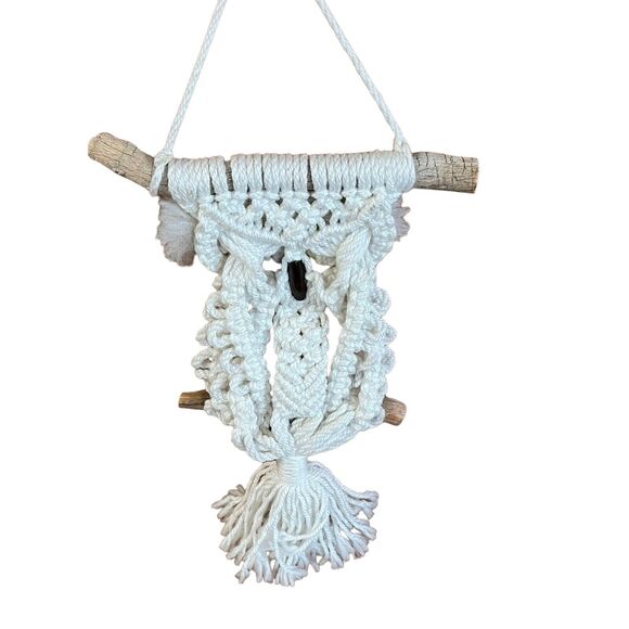 Big Eyes Owl On Branch Macrame Nature Wall Hanging CottageCore Bohemian Retro 70